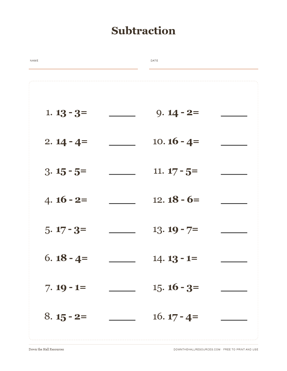 Subtraction — Level 3 worksheet preview