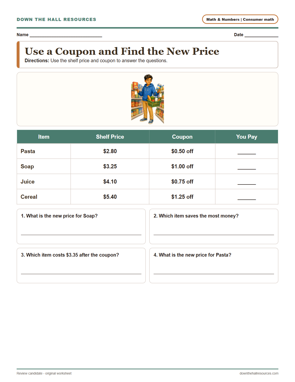 Preview of the Use a Coupon & Find the New Price printable worksheet