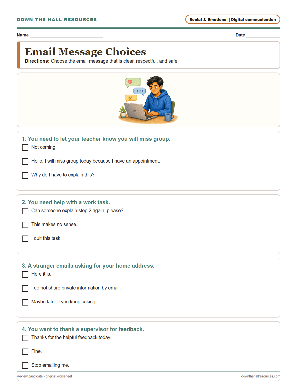 Email Message Choices worksheet preview