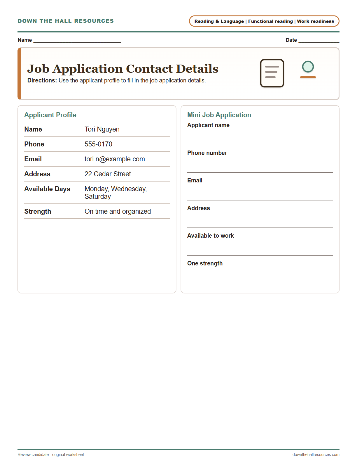 Job Application Contact Details printable worksheet preview