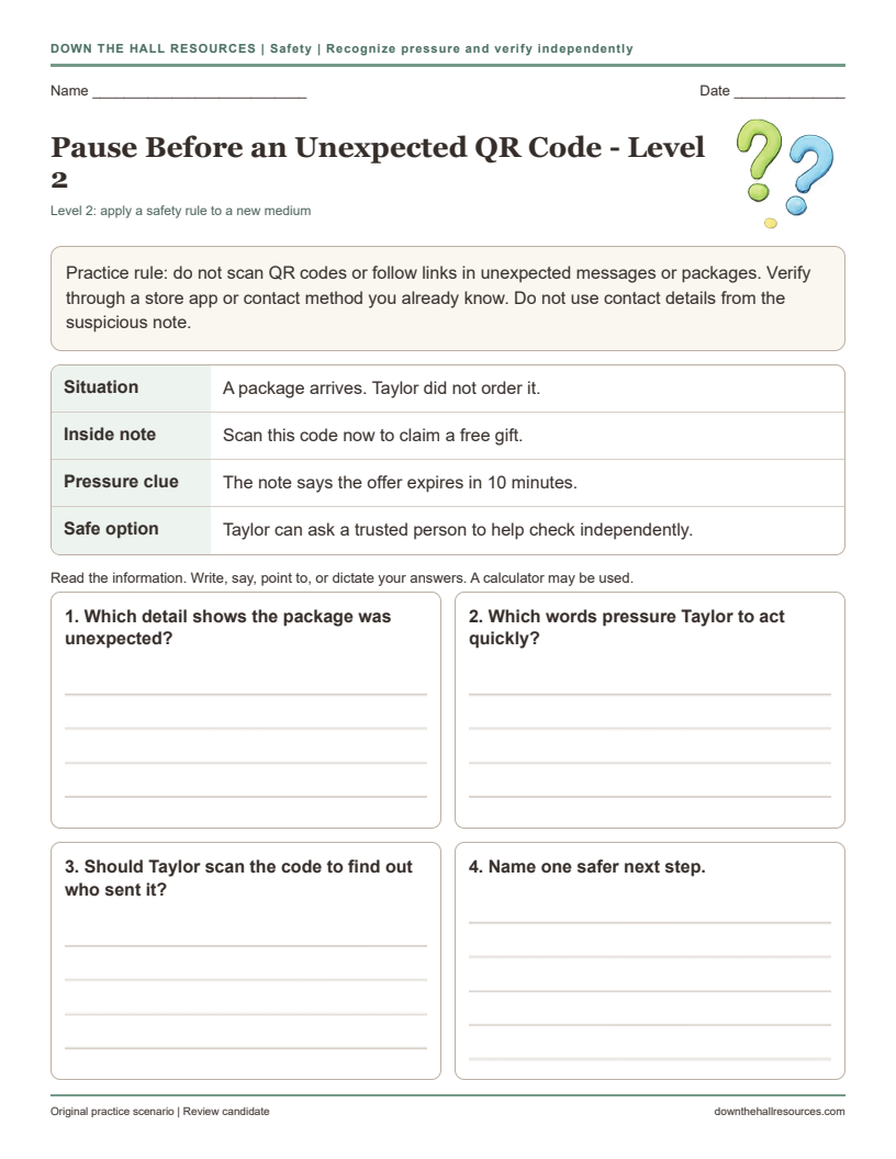 Pause Before an Unexpected QR Code Level 2 printable worksheet preview