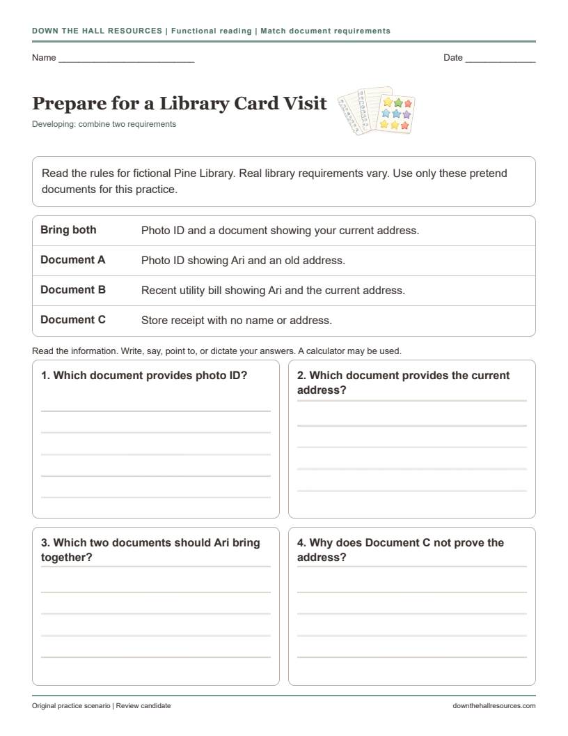 Prepare for a Library Card Visit printable worksheet preview