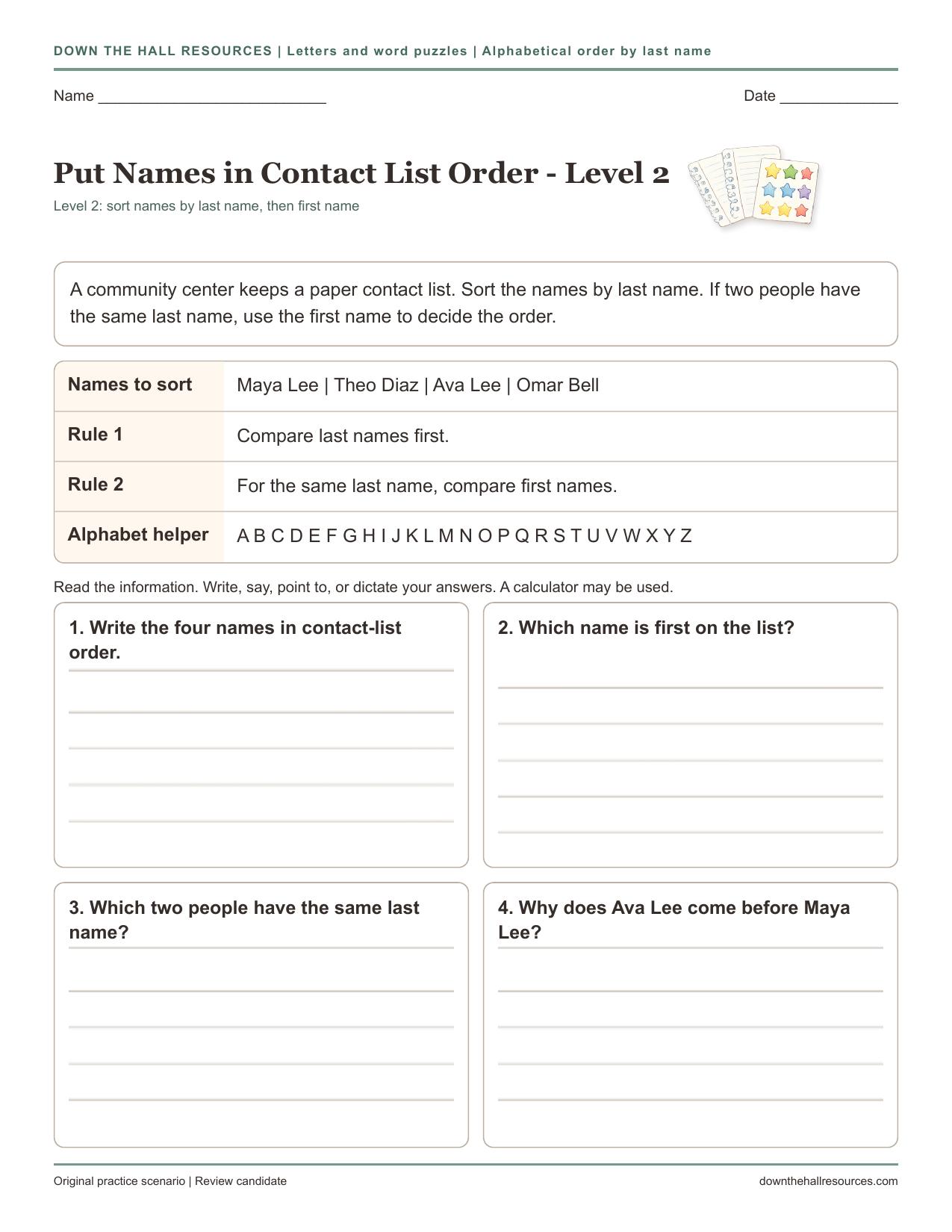 Put Names in Contact List Order - Level 2 printable worksheet preview