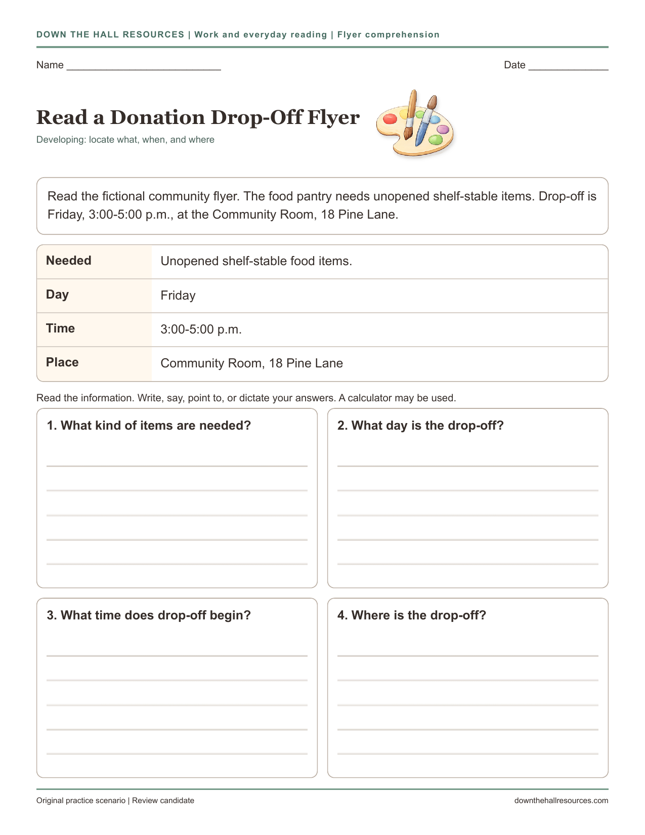 Read a Donation Drop-Off Flyer printable worksheet preview