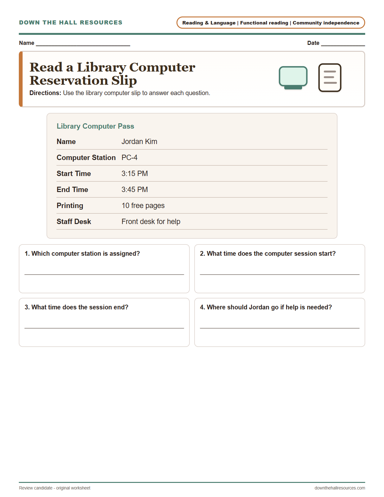 Read a Library Computer Reservation Slip printable worksheet preview