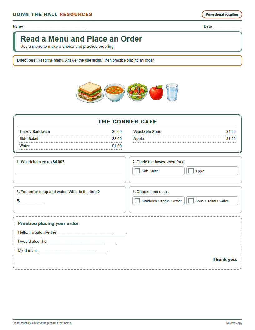 Read a Menu and Place an Order worksheet preview