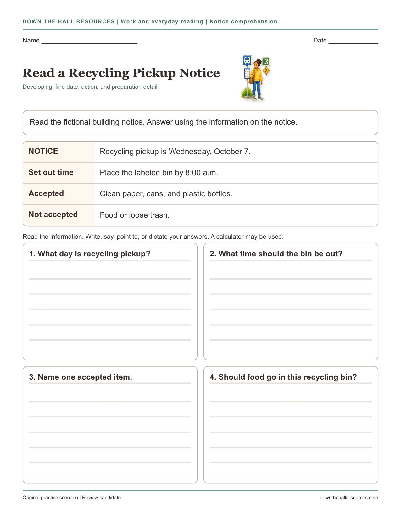 Read a Recycling Pickup Notice printable worksheet preview