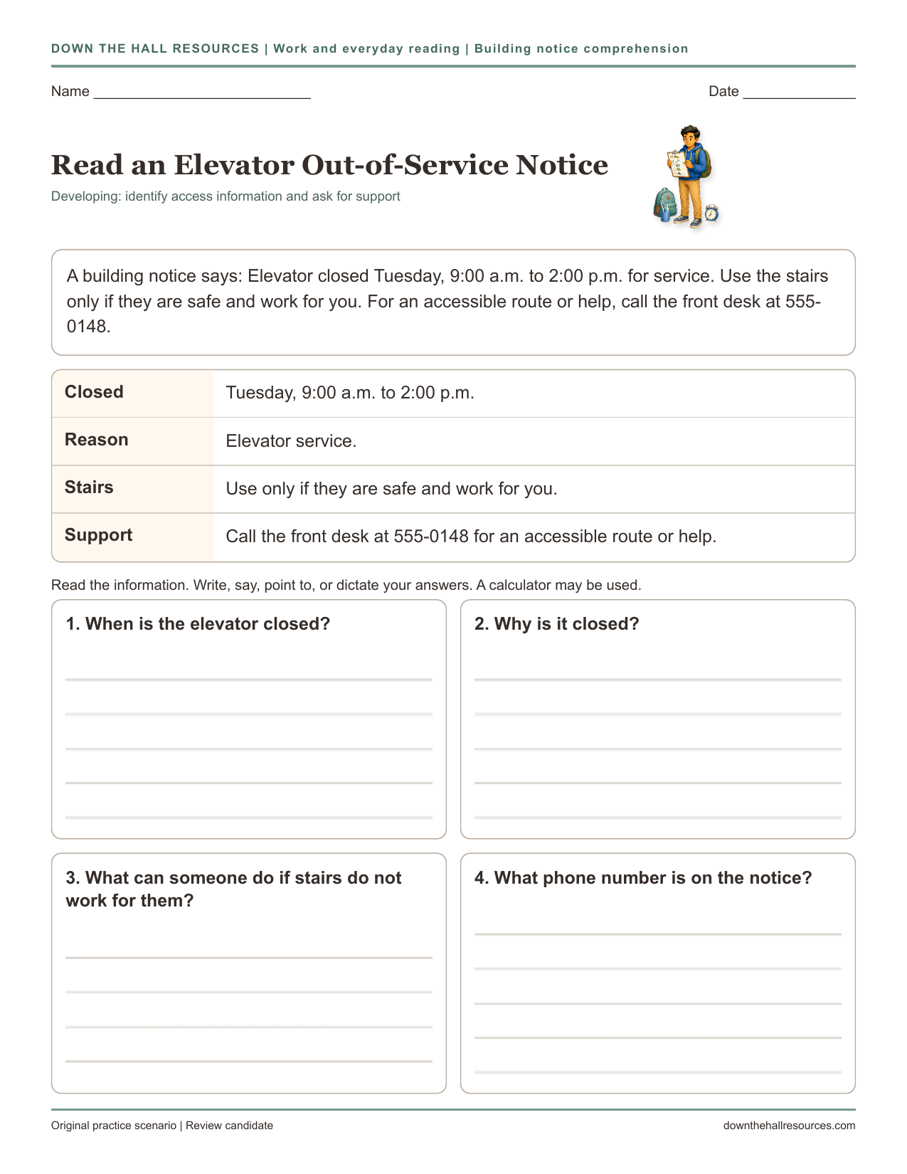 Read an Elevator Out-of-Service Notice printable worksheet preview