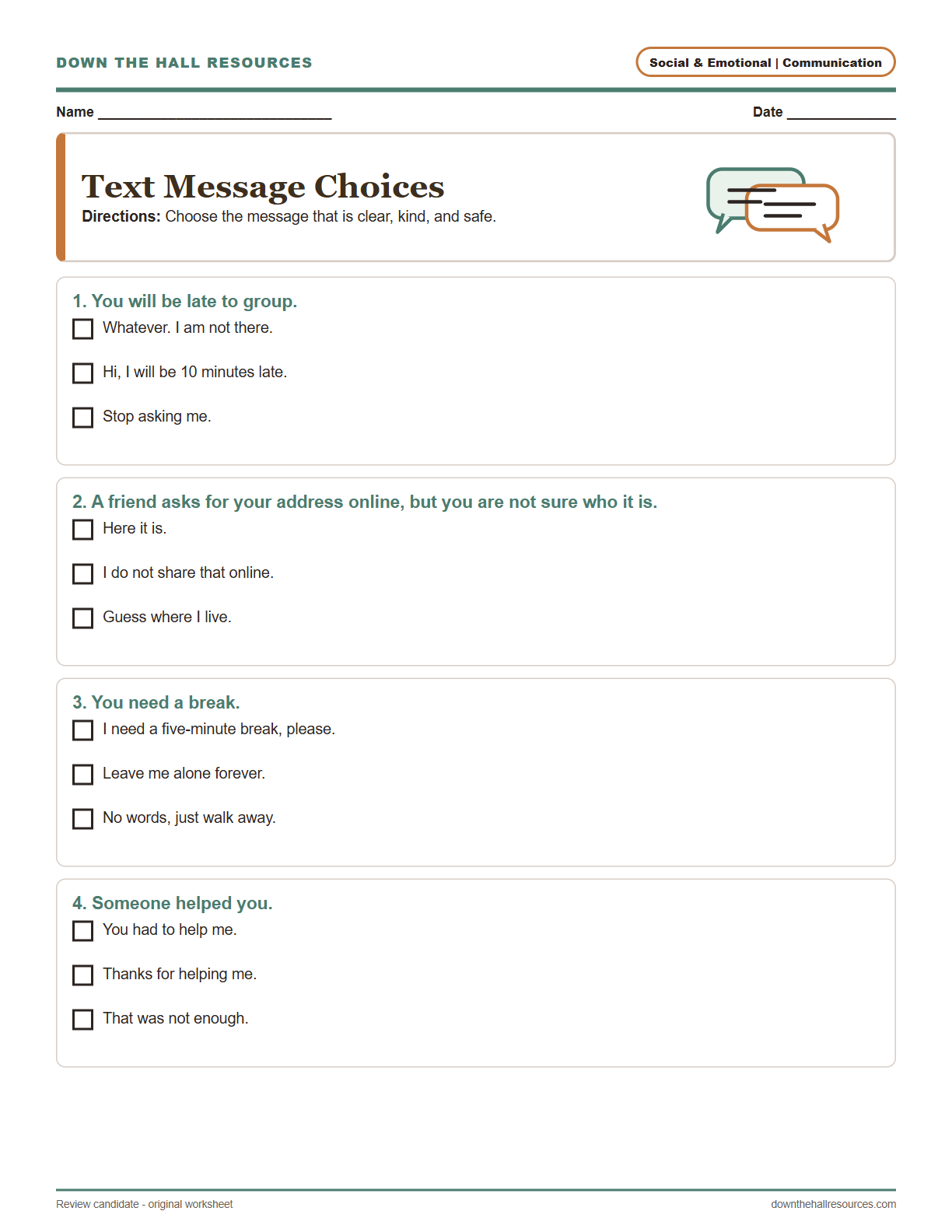 Preview of the Text Message Choices printable worksheet