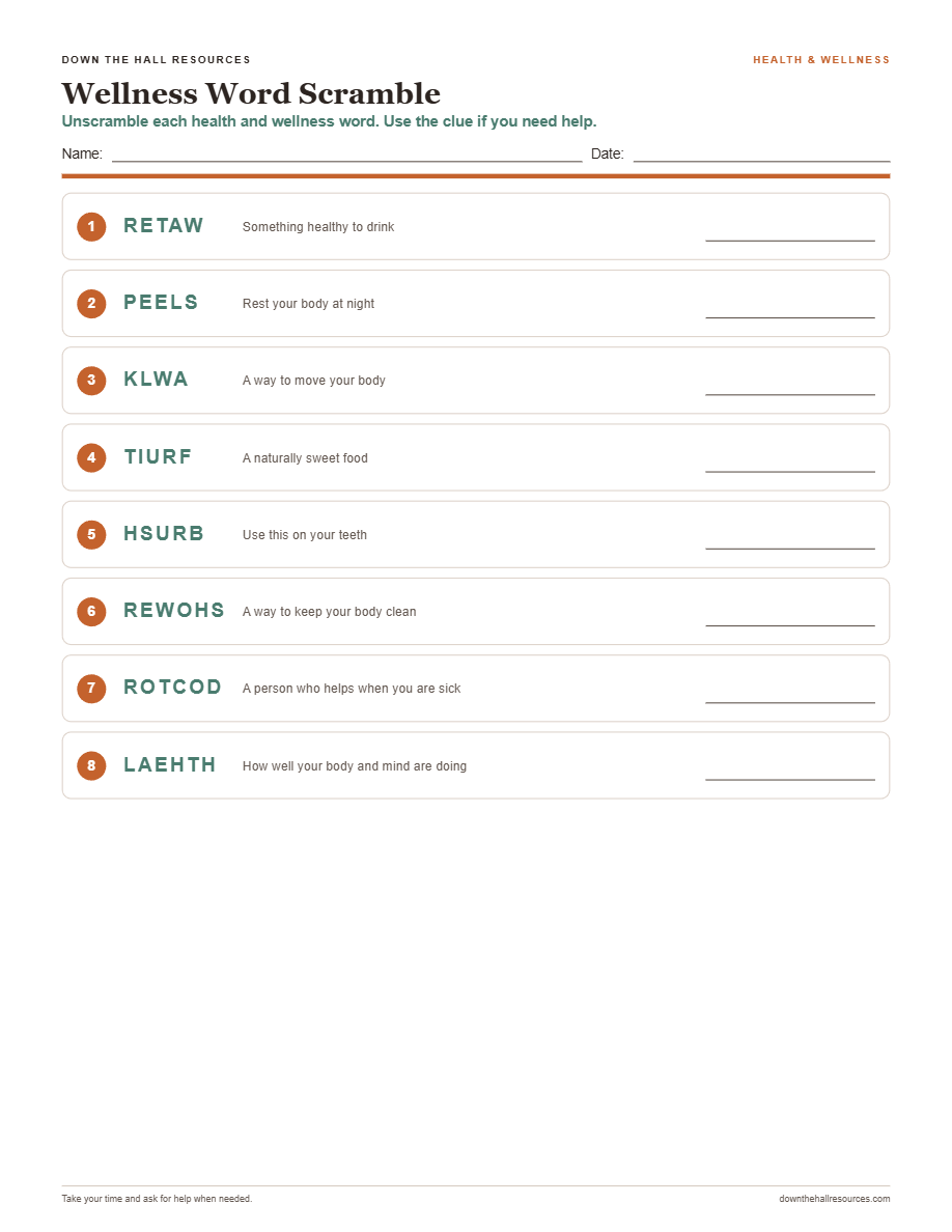 Wellness Word Scramble worksheet preview