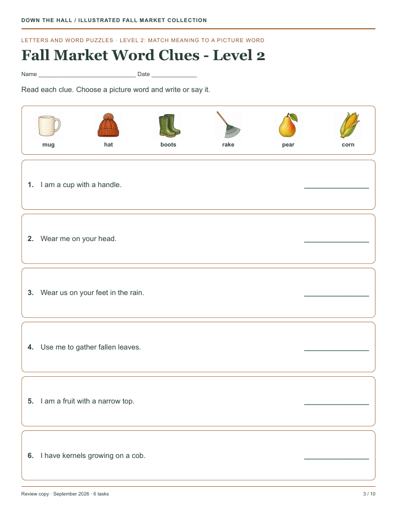 Fall Market Word Clues - Level 2 preview