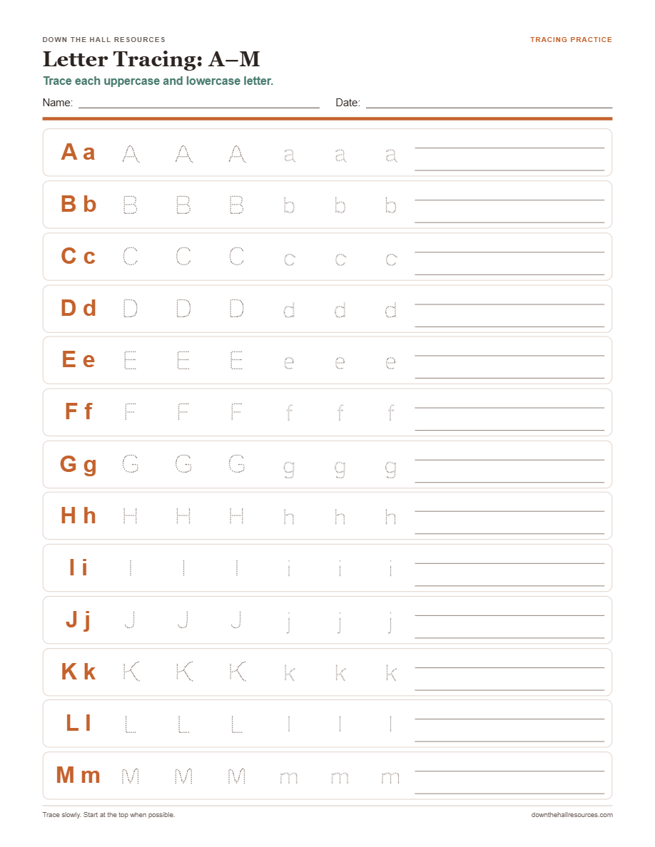 Letter Tracing — A to M worksheet preview