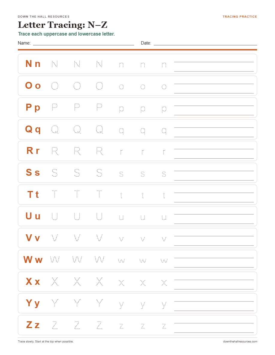 Letter Tracing — N to Z worksheet preview