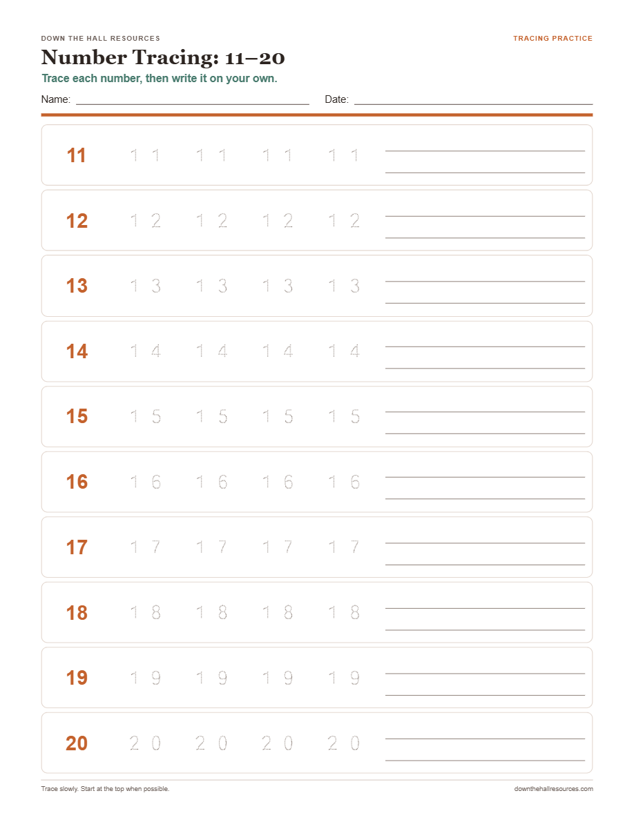 Number Tracing — 11 to 20 worksheet preview