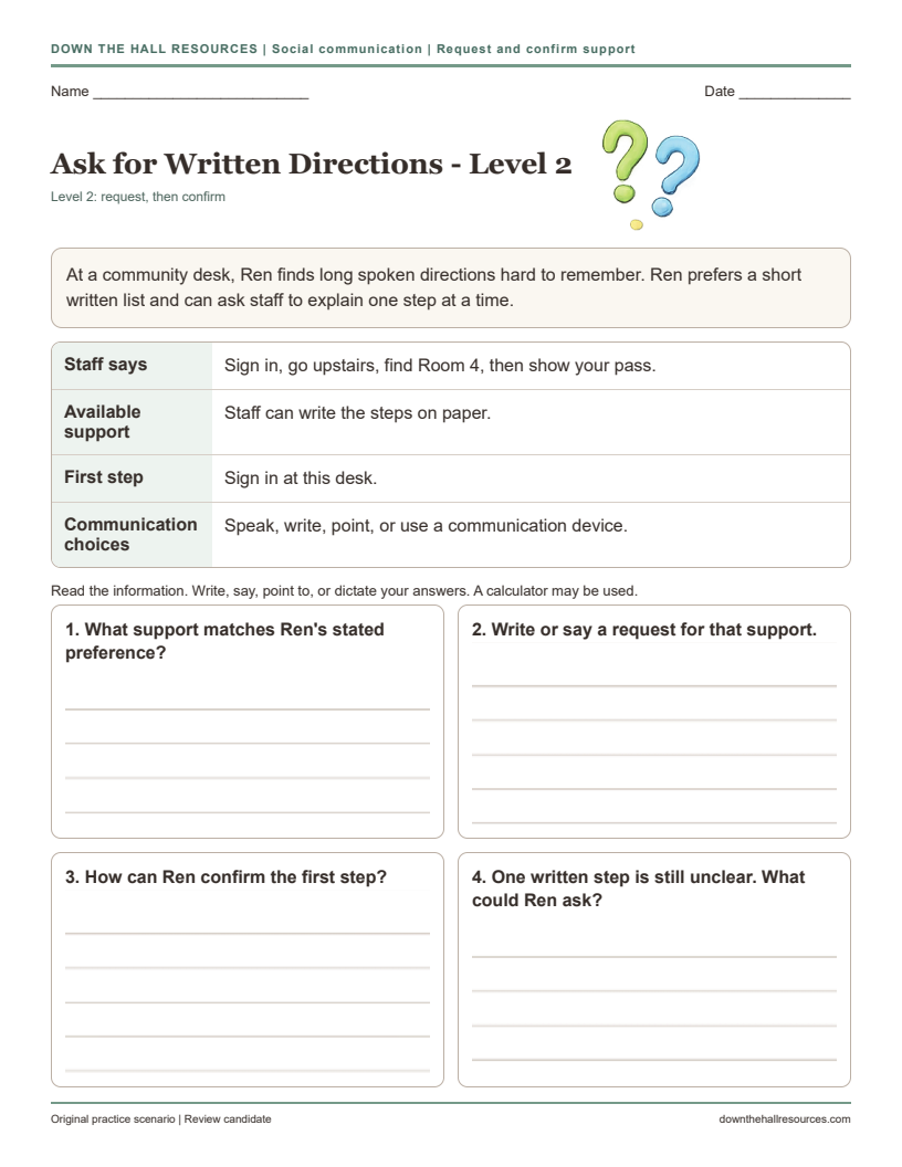 Ask for Written Directions Level 2 printable worksheet preview