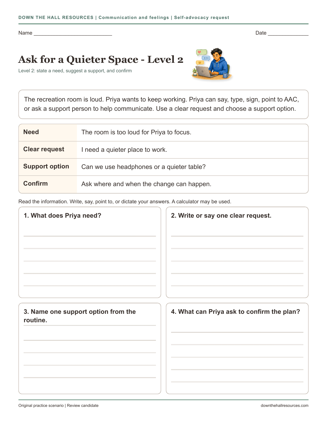 Ask for a Quieter Space - Level 2 printable worksheet preview