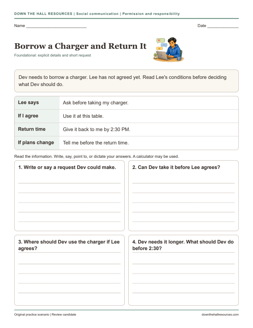 Borrow a Charger and Return It printable worksheet preview
