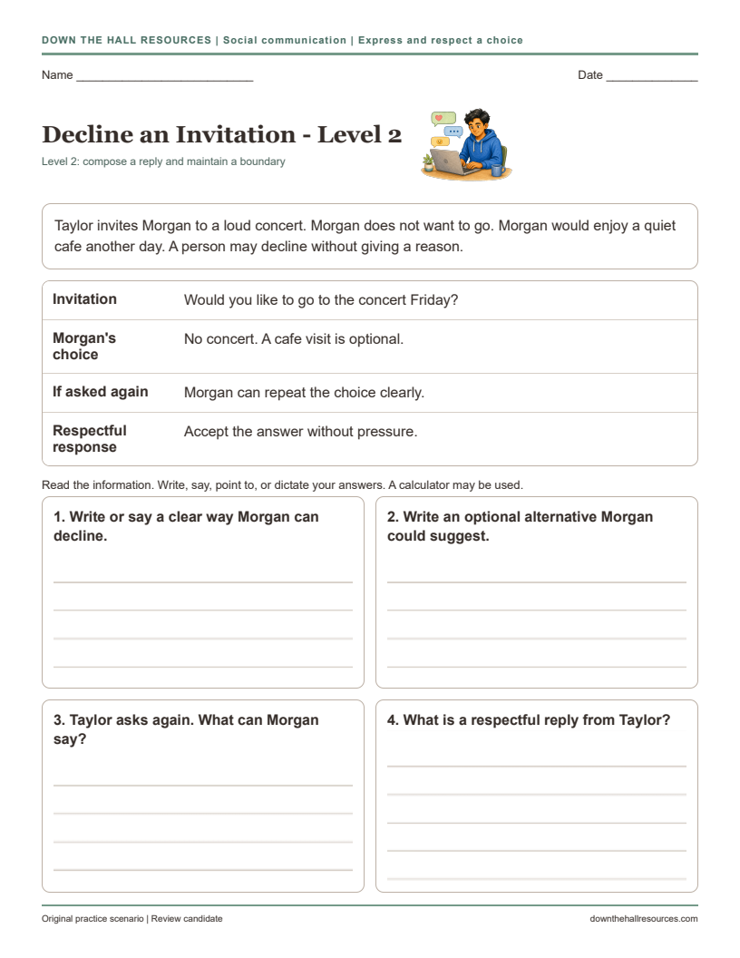 Decline an Invitation Level 2 printable worksheet preview