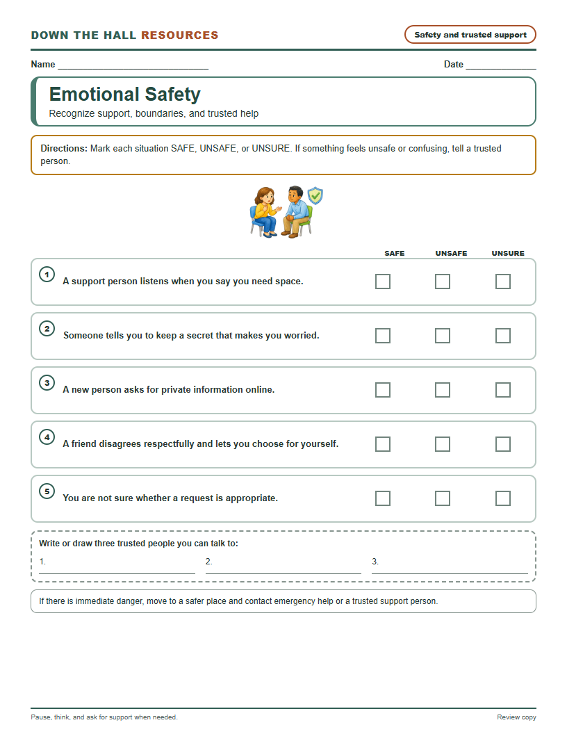 Emotional Safety worksheet preview