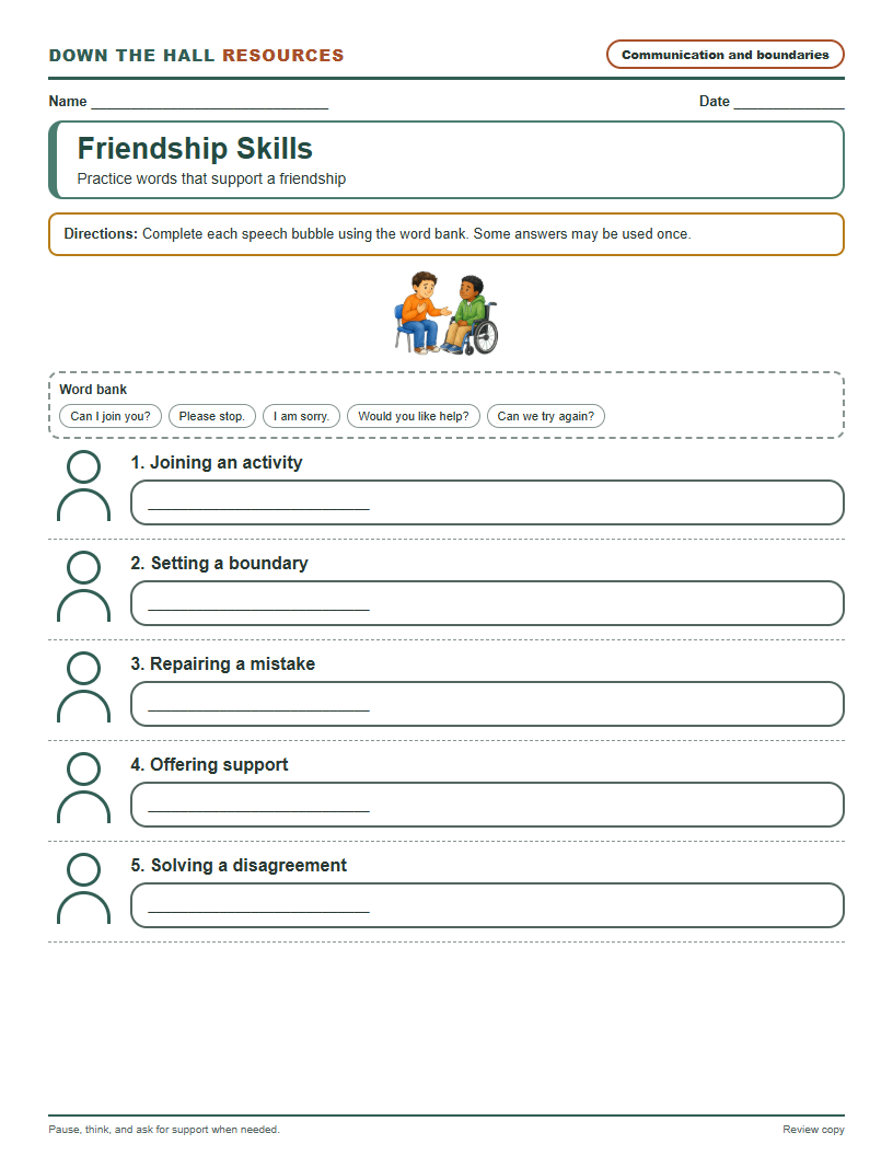 Preview of the Friendship Skills printable worksheet