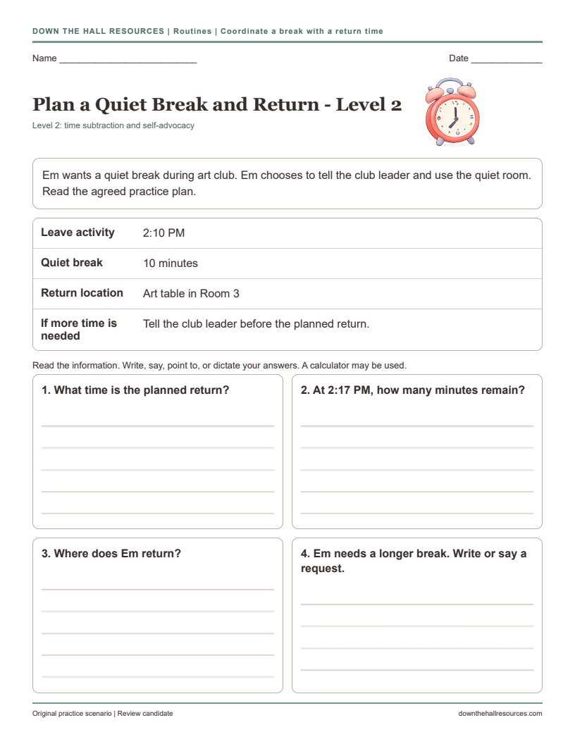 Plan a Quiet Break and Return Level 2 printable worksheet preview