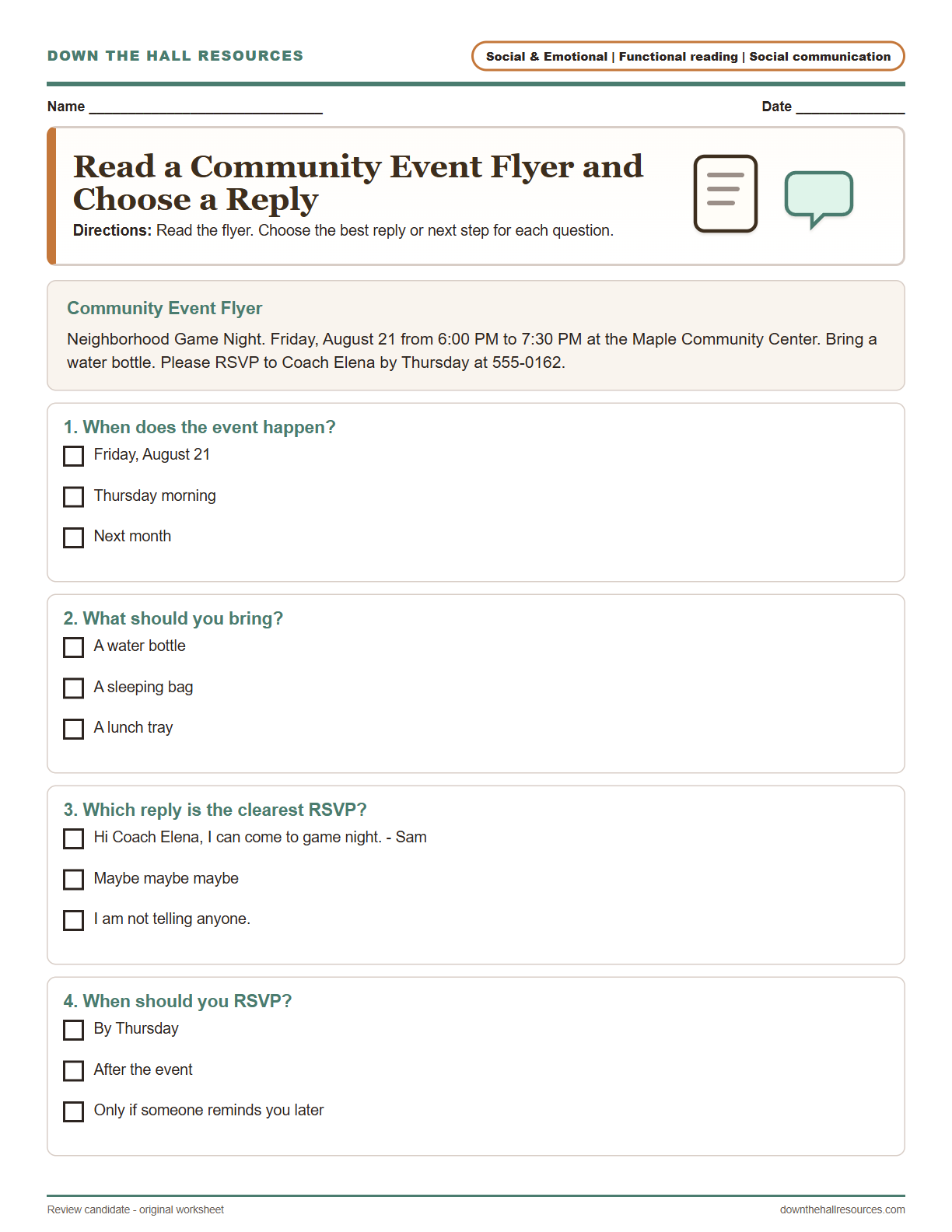 Read a Community Event Flyer and Choose a Reply printable worksheet preview