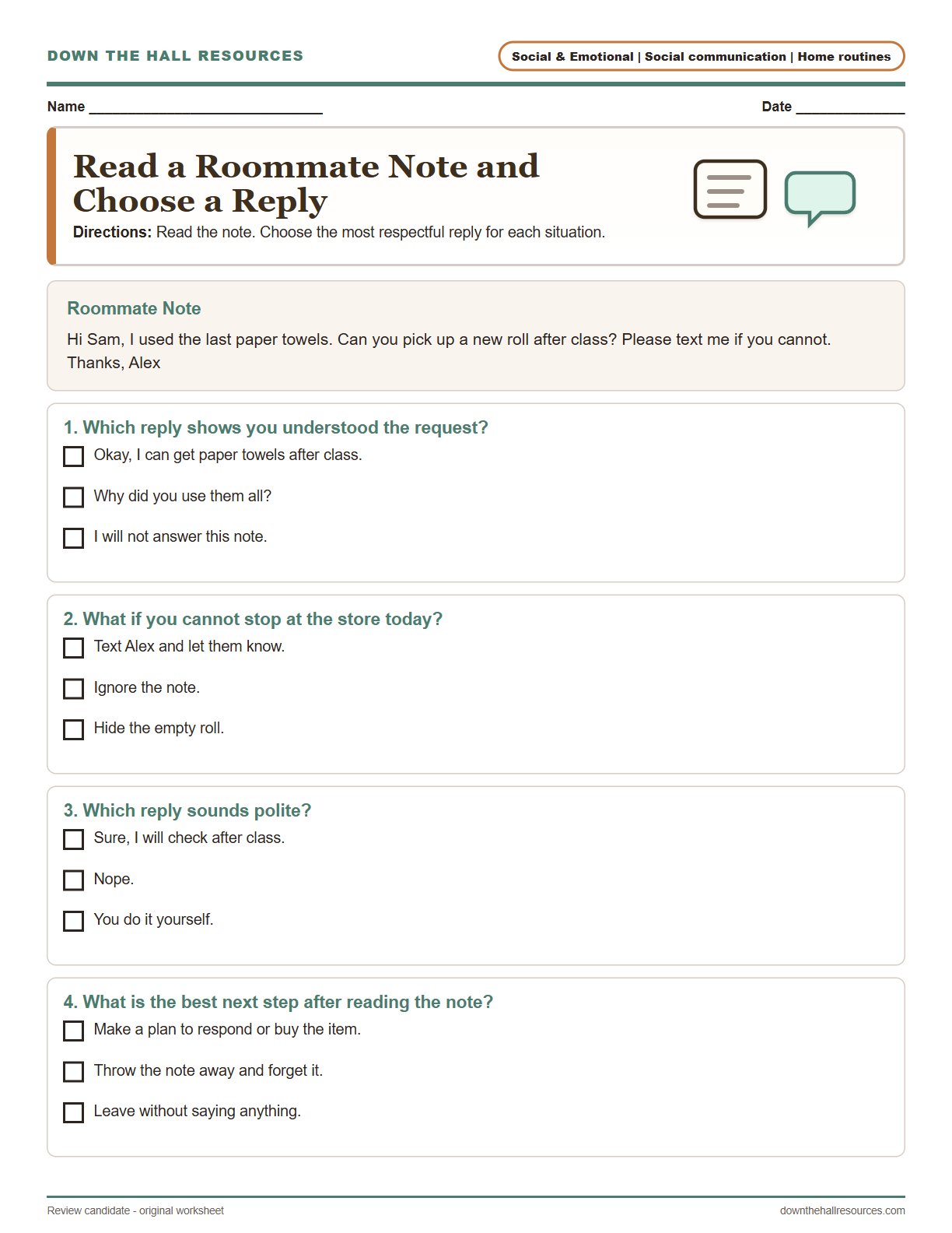 Read a Roommate Note and Choose a Reply preview