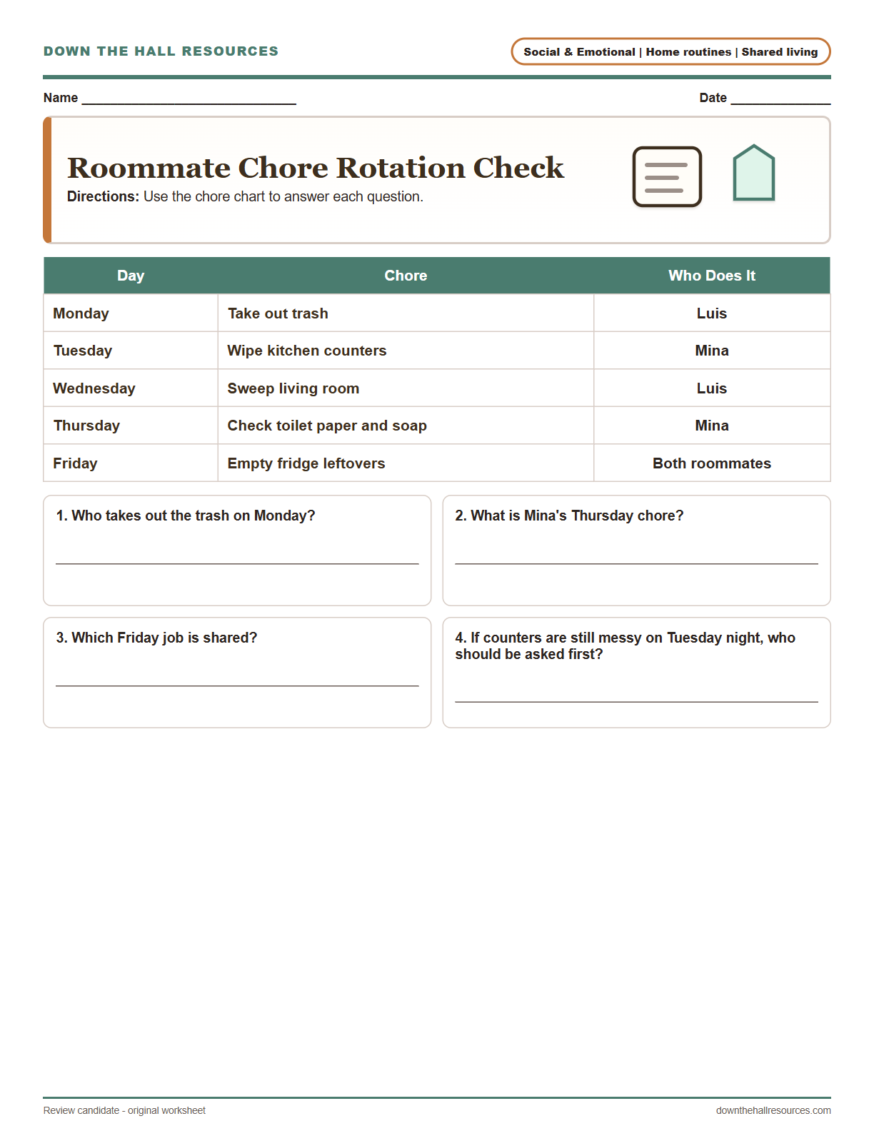 Roommate Chore Rotation Check printable worksheet preview