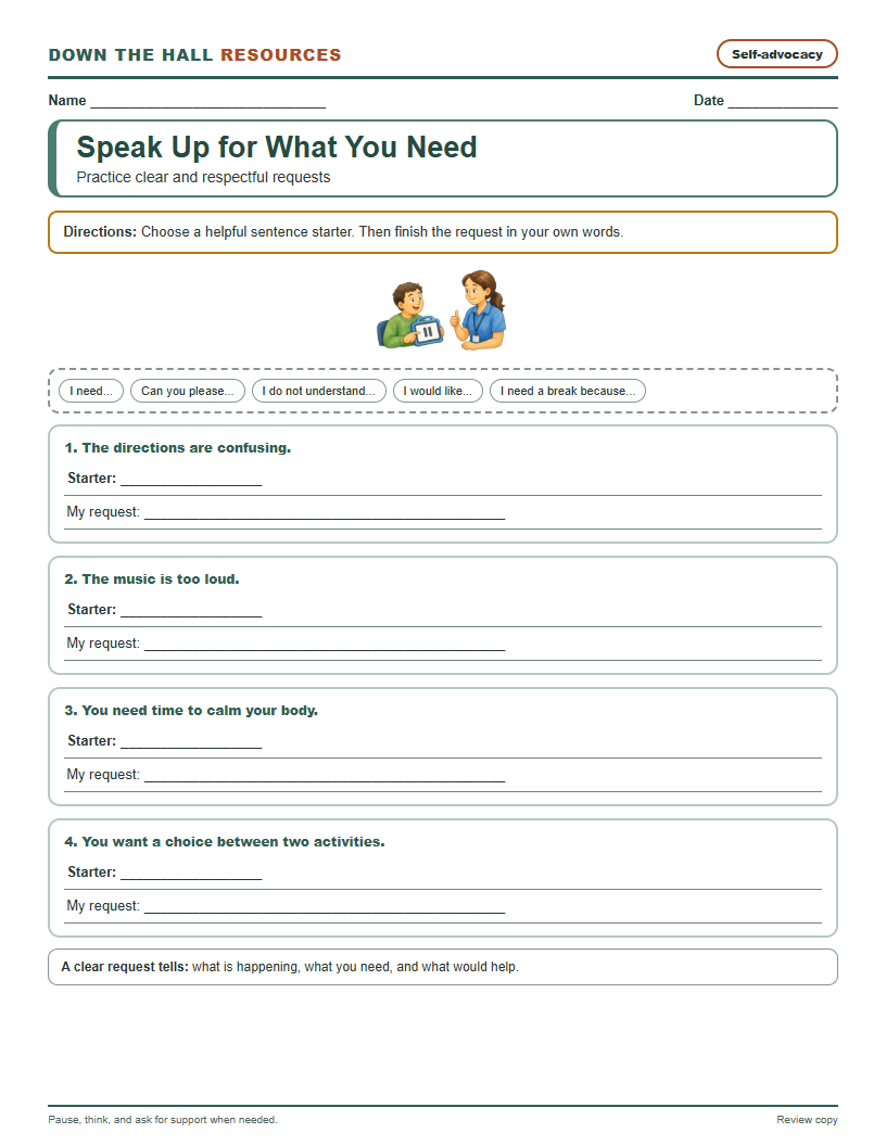 Speak Up for What You Need worksheet preview