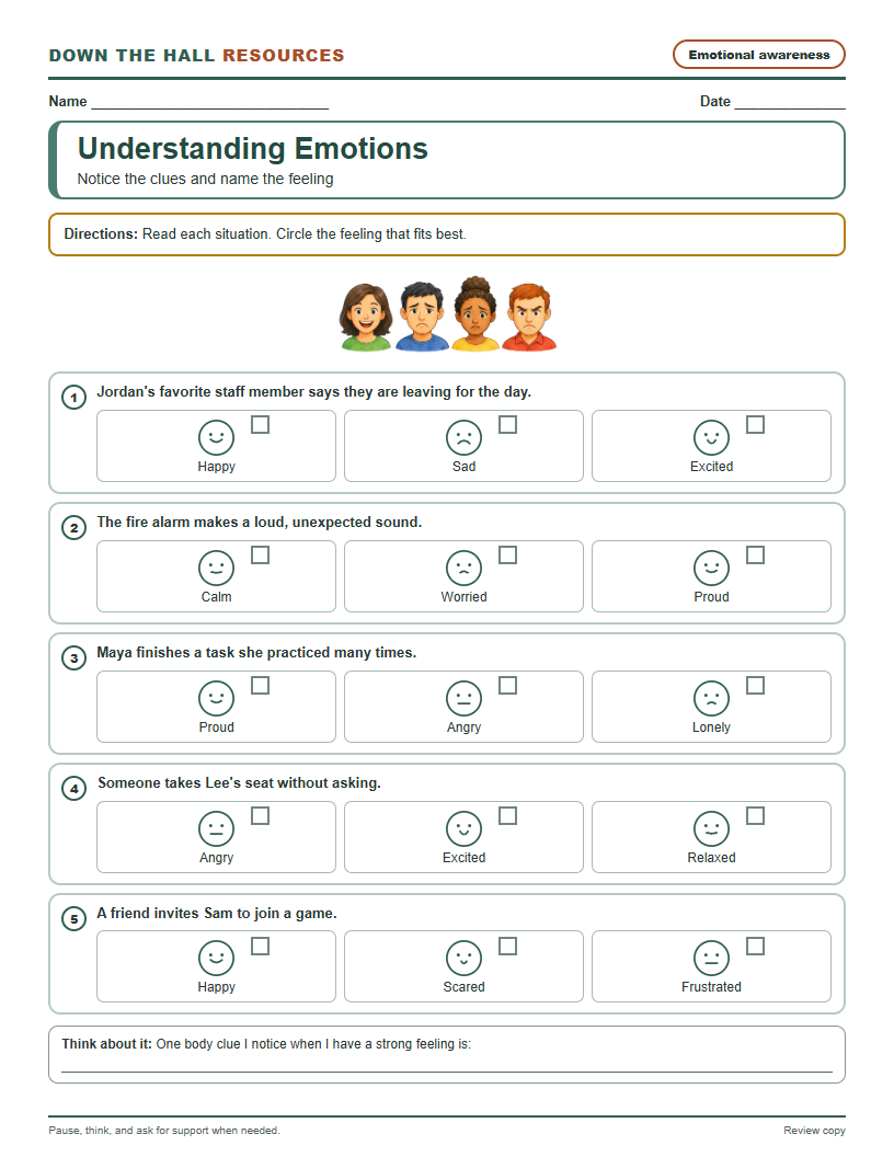 Understanding Emotions worksheet preview